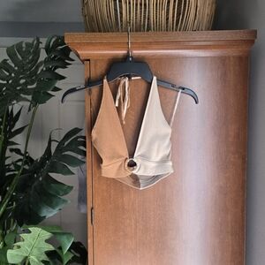 Tan and Cream Crop Top with V-Neck Design